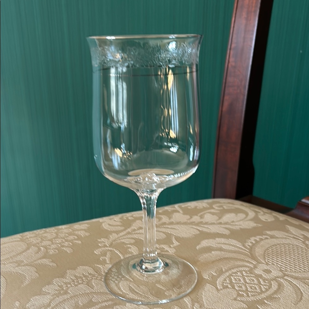 #2, Set of 4 Vintage Lenox Moonspun hand etched H2O glasses. Platinum rim & band